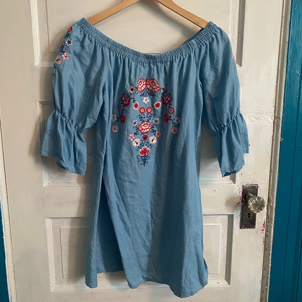 Floral Detailing Blue Off-the-Shoulder Dress